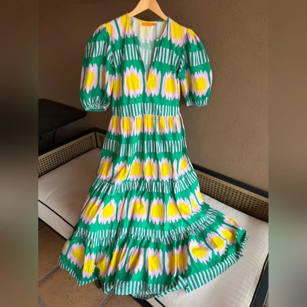 Oliphant Vibrant Green and Yellow  Puff Sleeve Maxi Dress 100% Cotton